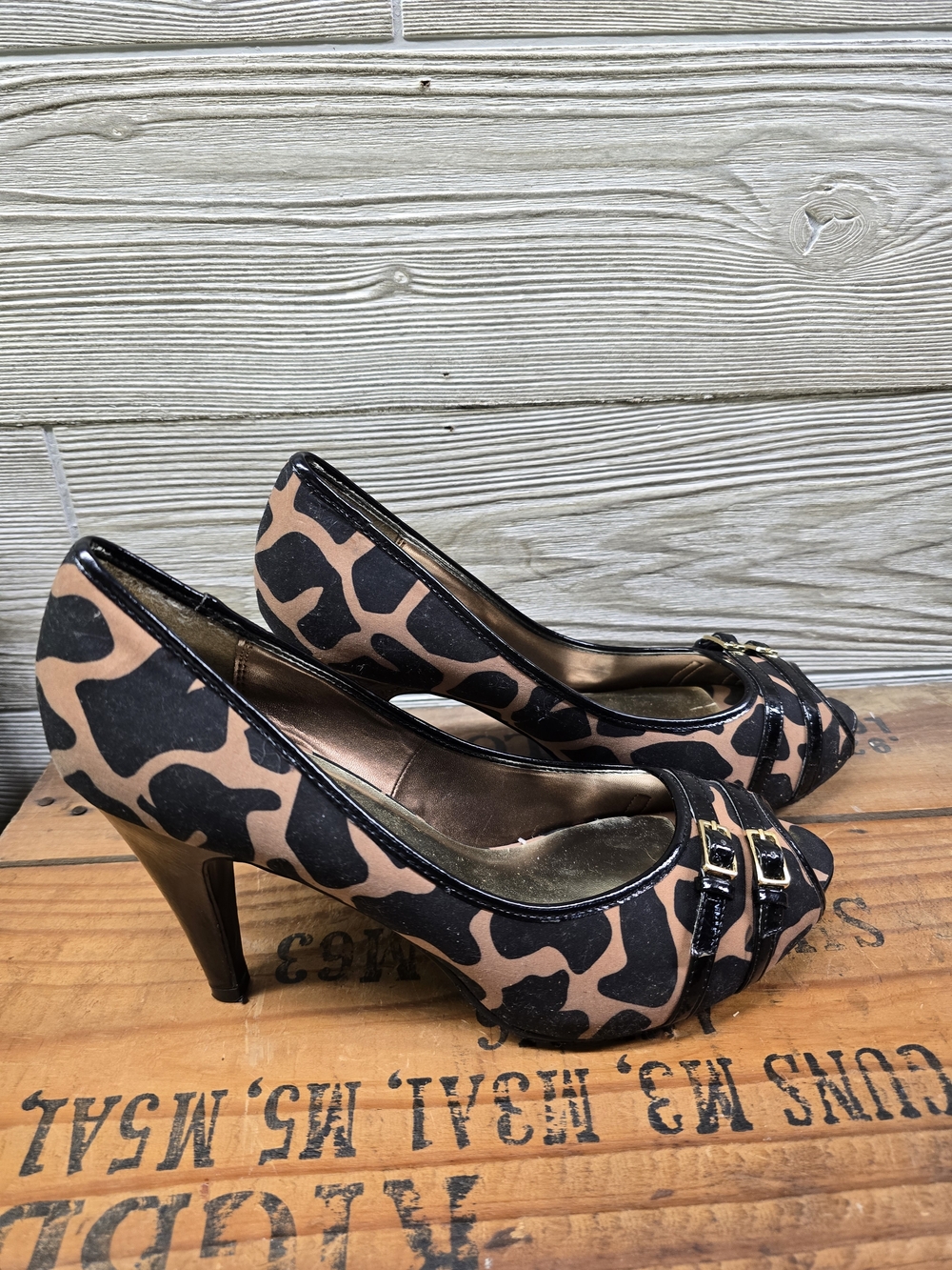Candie's Leopard Print Peep-Toe Heels in Brown and Black